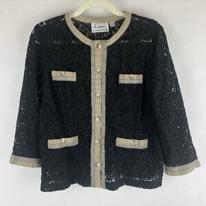 Linea Dark Cottagecore Lace Cardigan Blouse Topper Medium Black 3/4 Sleeve